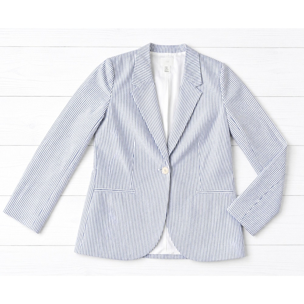 HM Womens Blue White Striped Seersucker Blazer Single Button Jacket Small S